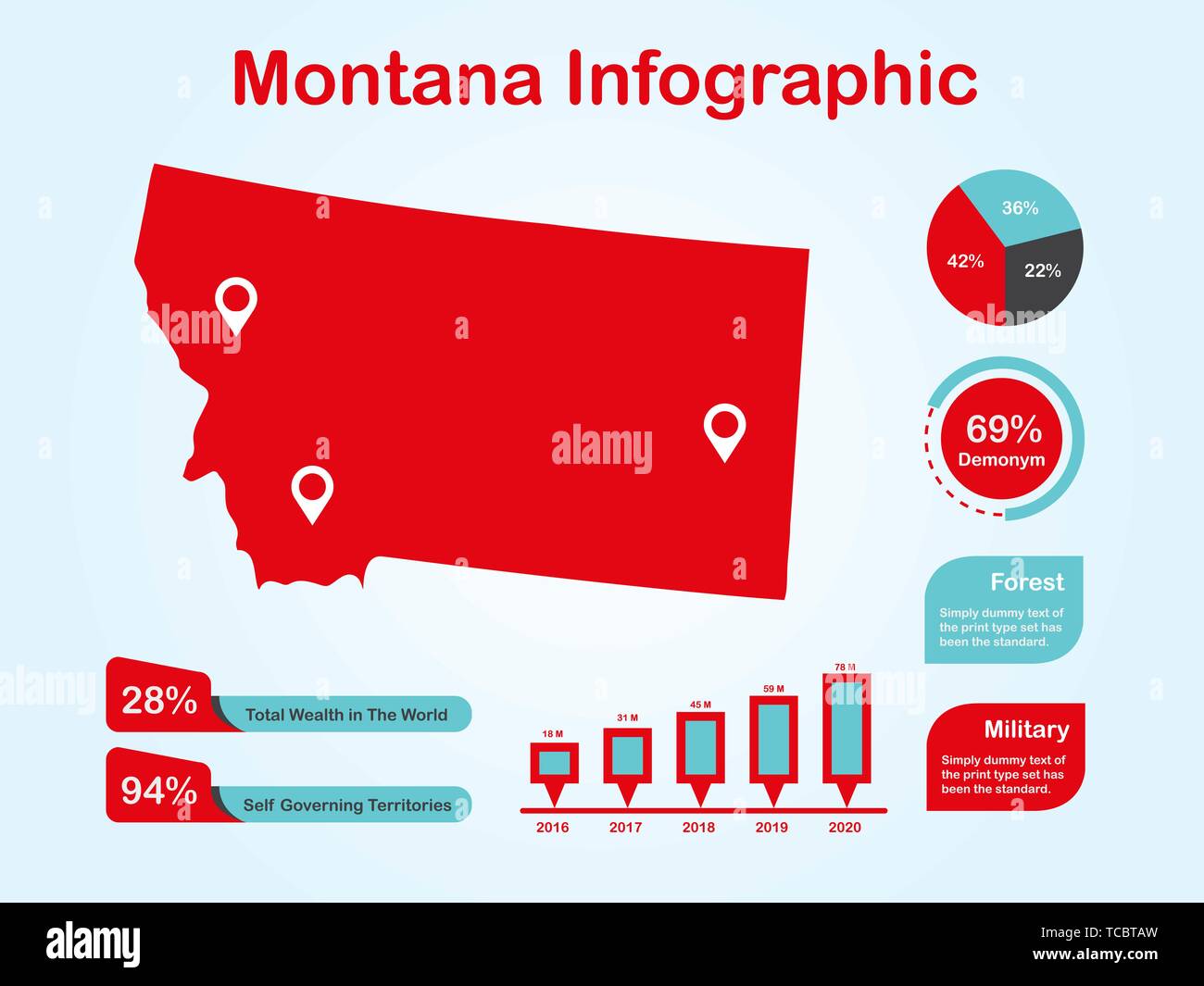 Montana State (USA) Map with Set of Infographic Elements in Red Color in Light Background Stock Vector
