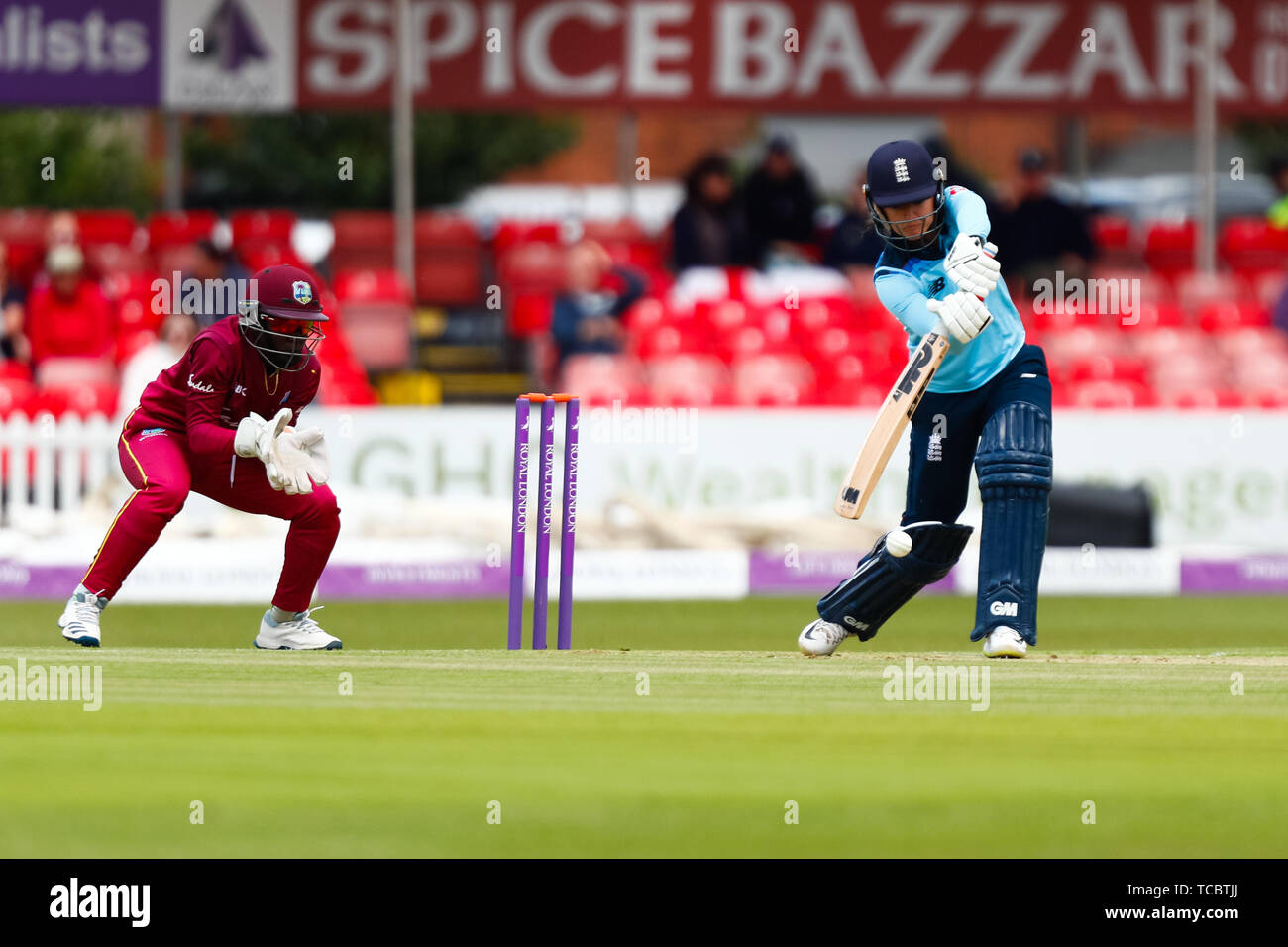 Fischer County Ground, Leicester, UK. 6th June, 2019. 1st Royal London Women's International Cricket ODI, England versus West Indies; Amy Jones of England cuts the ball under the watchful gaze of West Indies wicketkeeper Kycia Knight Credit: Action Plus Sports/Alamy Live News Stock Photo