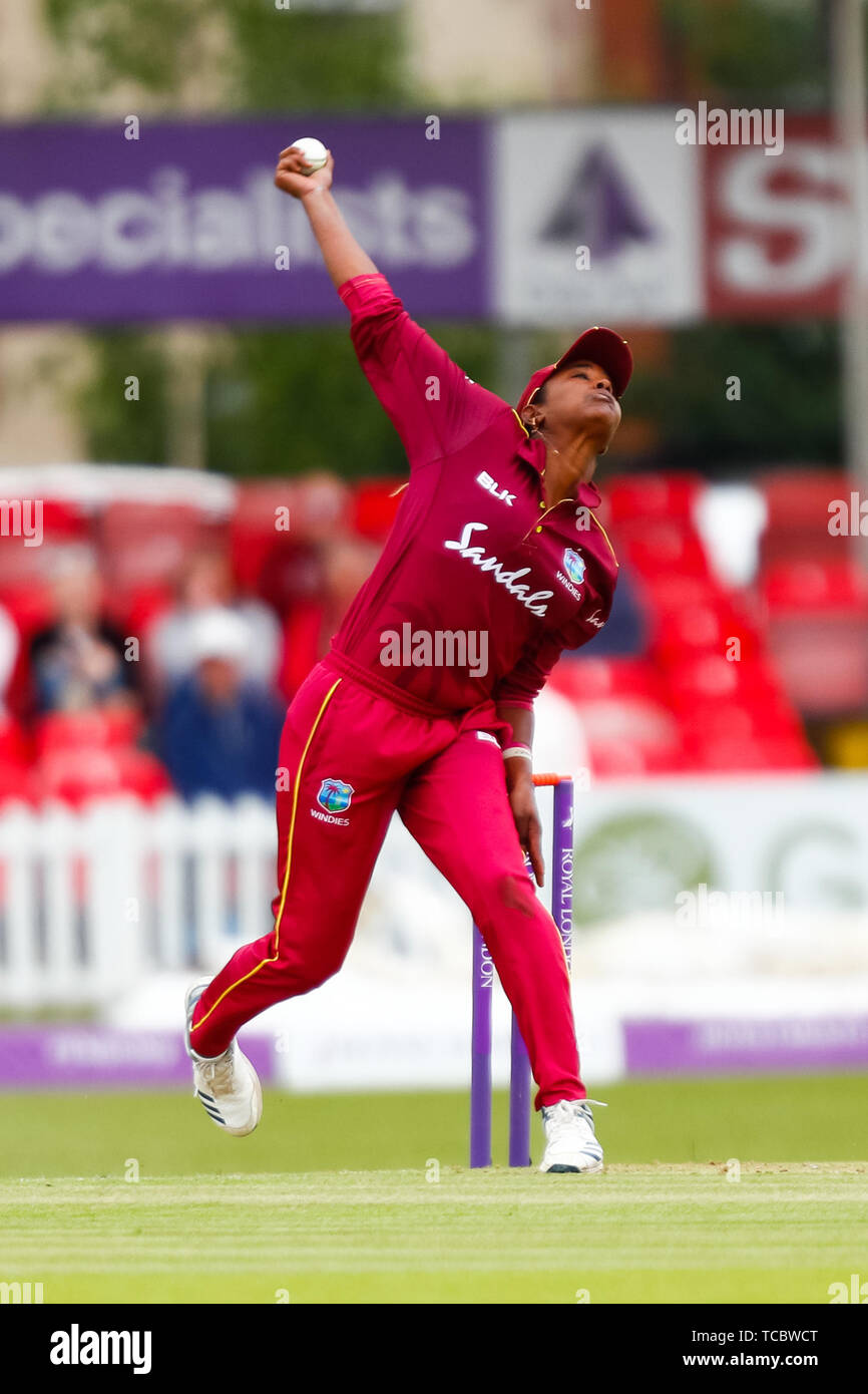 Fischer County Ground, Leicester, UK. 6th June, 2019. 1st Royal London Women's International Cricket ODI, England versus West Indies; Hayley Matthews of the West Indies bowling from the Pavilion End Credit: Action Plus Sports/Alamy Live News Stock Photo