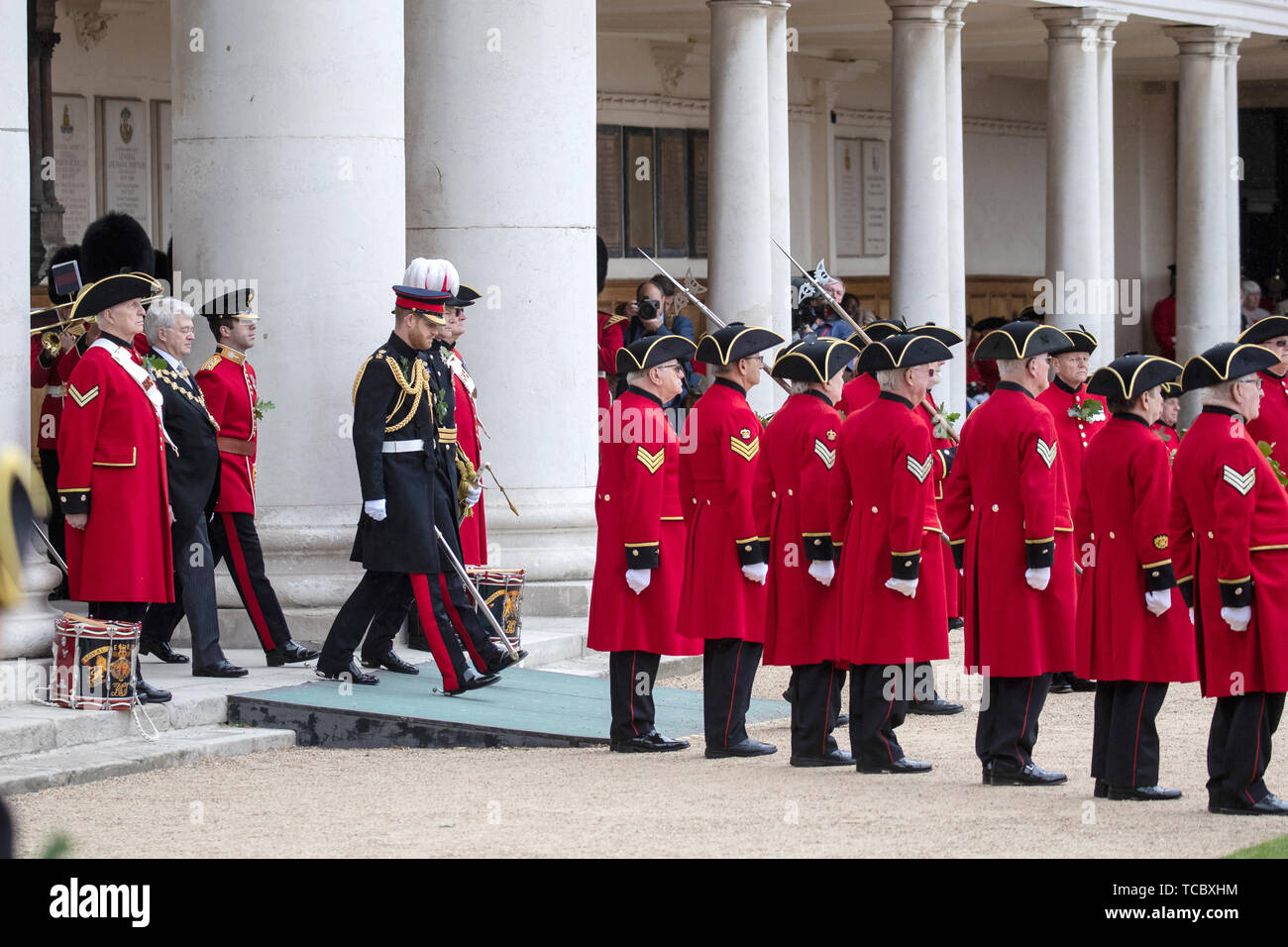 London, UK. 06th June, 2019. Prince Harry, Duke of Sussex attends, as reviewing officer, the annual Founder's Day Parade at the Royal Hospital Chelsea in London, England. JUNE 6th 2019. Credit: Matrix/MediaPunch ***FOR USA ONLY*** REF: JRD 192074 Credit: MediaPunch Inc/Alamy Live News Stock Photo