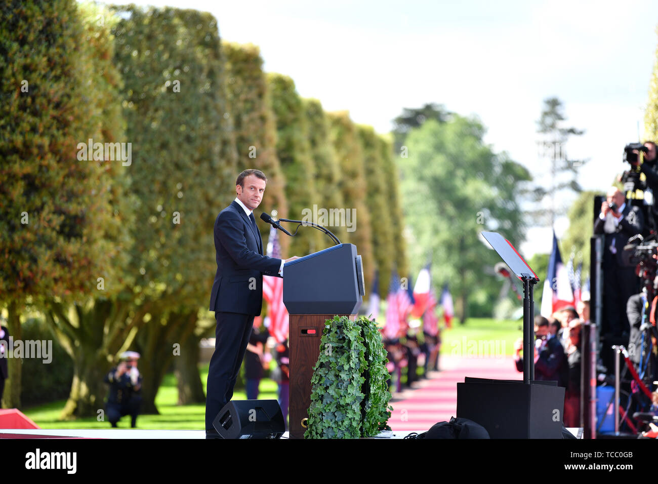 Colleville Sur Mer, France. 06th June, 2019. French President Emmanuel Macron delivers his address during a commemoration ceremony marking the 75th D-Day Anniversary at the Normandy American Cemetery and Memorial June 6, 2019 in Colleville-sur-Mer, France. Thousands have converged on Normandy to commemorate the 75th anniversary of Operation Overlord, the WWII Allied invasion commonly known as D-Day. Credit: Planetpix/Alamy Live News Stock Photo
