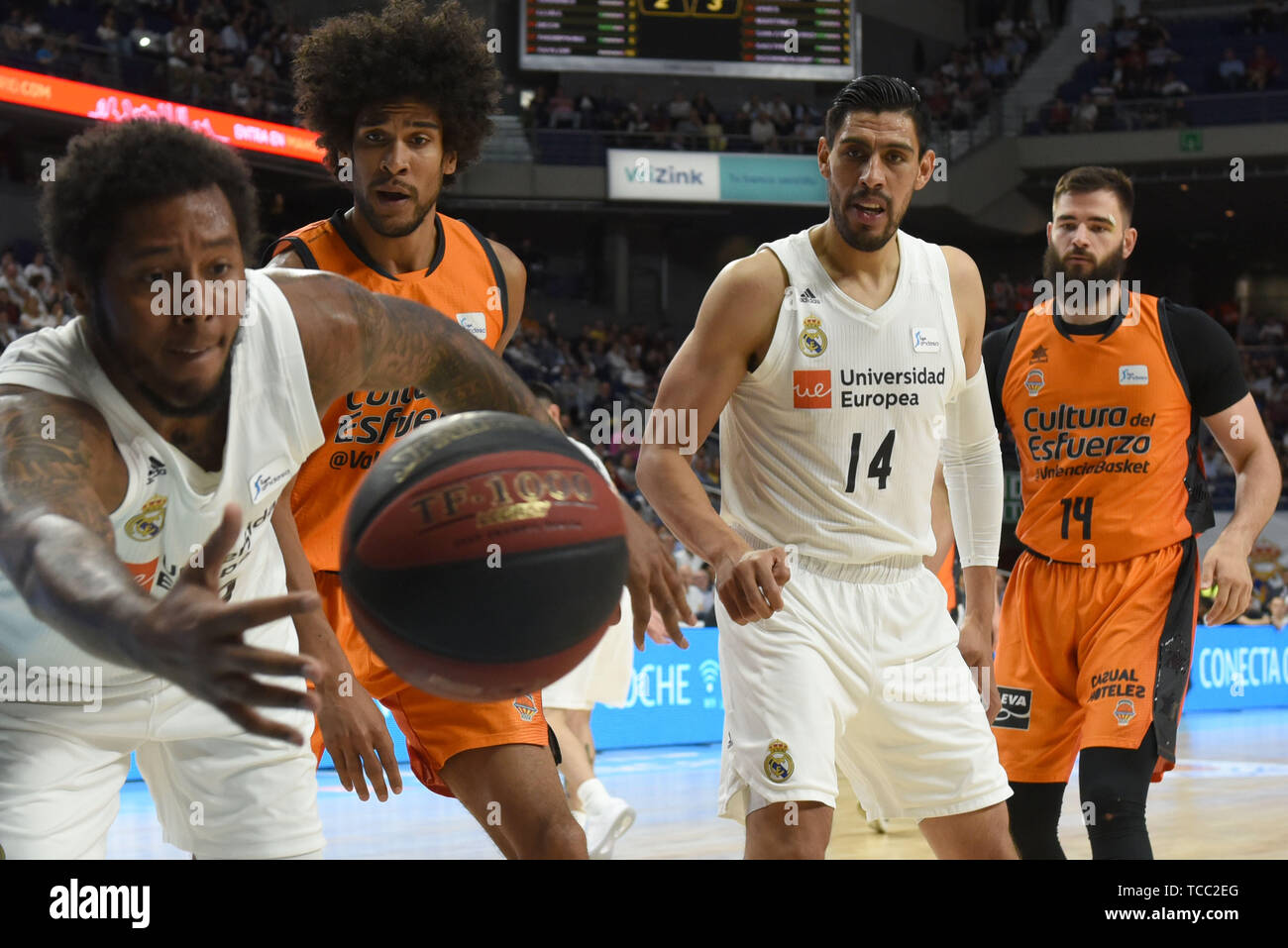 Madrid, Spain. 06th June, 2019. Bojan Dubljevic (R), Gustavo Ayón, Louis  Labeyrie and Trey Thompkis are seen in action during the semifinals of the  Liga ACB match between Real Madrid and Valencia