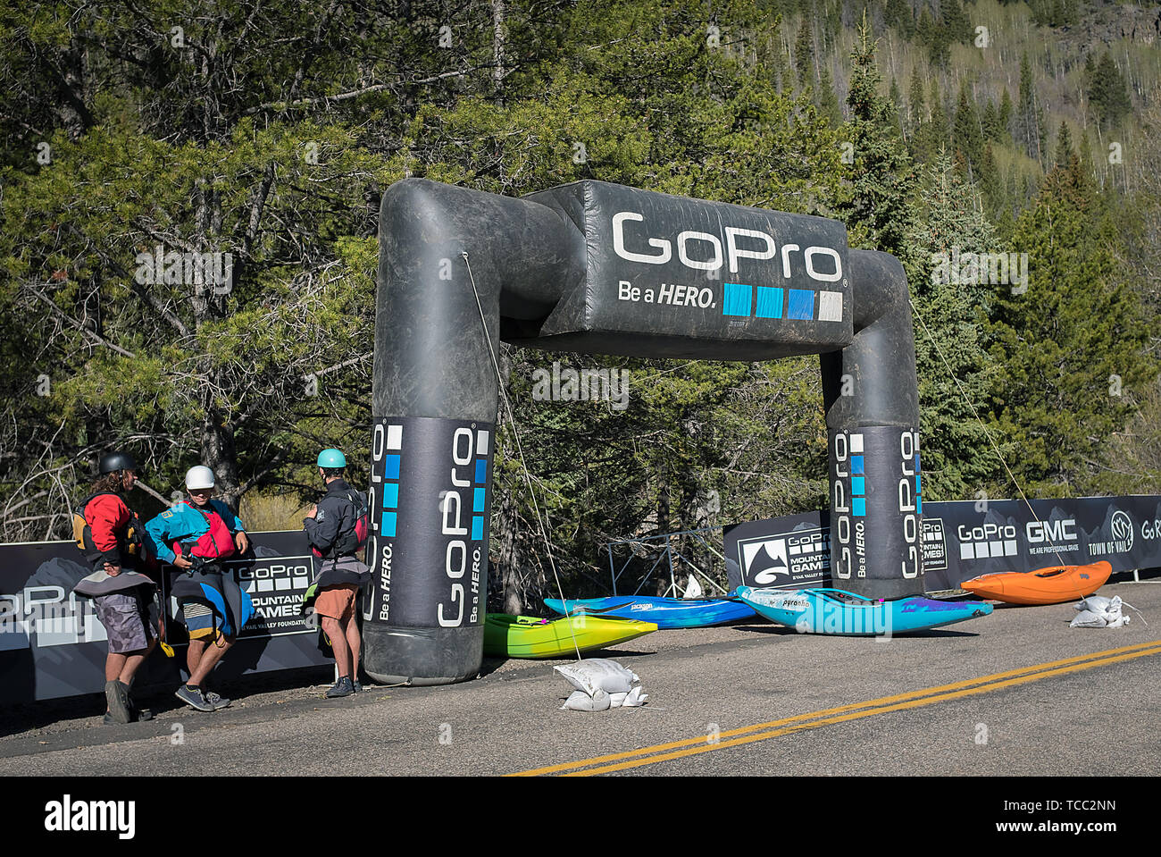 Vail, Colorado, USA. June 6, 2019: Paddlers begin to gather at the Homestake Creek start gate prior to the GoPro Mountain Games Steep Creek competition. Adventure athletes from around the world gather in Vail, Colorado each summer for North America's largest celebration of adventure sports competition, art, and music. Vail, Colorado. Credit: Cal Sport Media/Alamy Live News Stock Photo