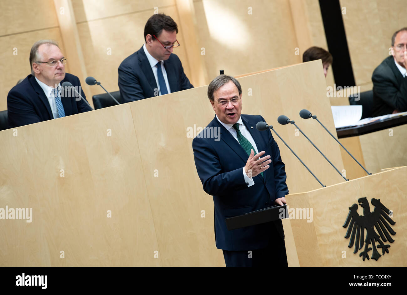 Berlin, Germany. 07th June, 2019. Armin Laschet (CDU), Prime Minister of North Rhine-Westphalia, speaks at the 978th session of the Bundesrat. Among other things, the Federal Council discusses a reform of the Bafög, the right to vote for people with full care, initiatives to speed up criminal proceedings, and the annual pension adjustment. Credit: Bernd von Jutrczenka/dpa/Alamy Live News Stock Photo
