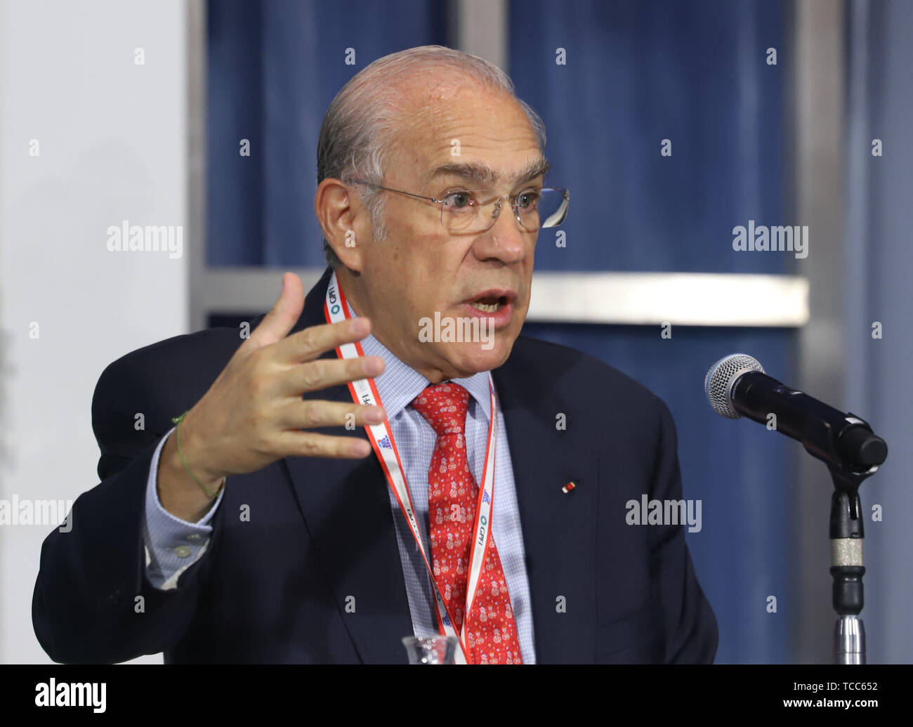 Tokyo, Japan. 7th June, 2019. The OECD Secretary General Angel Gurria delivers a keynote speech for the G20 High-level Symposium on Aging and Financial Inclusion in Tokyo on Friday, June 7, 2019. The symposium is a connected to the G20 Finance Ministers and Central Bank Governors meeting which will be held in Fukuoka on June 8 and 9. Credit: Yoshio Tsunoda/AFLO/Alamy Live News Stock Photo