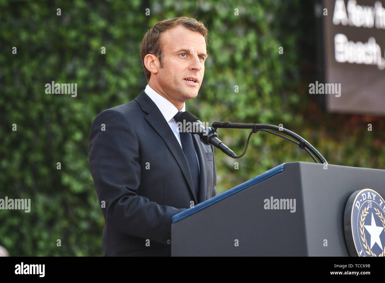 Colleville Sur Mer, France. 06th June, 2019. French President Emmanuel Macron addresses a commemoration ceremony marking the 75th D-Day Anniversary at the Normandy American Cemetery and Memorial June 6, 2019 in Colleville-sur-Mer, France. Thousands have converged on Normandy to commemorate the 75th anniversary of Operation Overlord, the WWII Allied invasion commonly known as D-Day. Credit: Planetpix/Alamy Live News Stock Photo