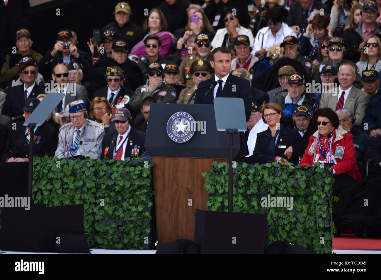 Colleville Sur Mer, France. 06th June, 2019. French President Emmanuel Macron addresses a commemoration ceremony marking the 75th D-Day Anniversary at the Normandy American Cemetery and Memorial June 6, 2019 in Colleville-sur-Mer, France. Thousands have converged on Normandy to commemorate the 75th anniversary of Operation Overlord, the WWII Allied invasion commonly known as D-Day. Credit: Planetpix/Alamy Live News Stock Photo
