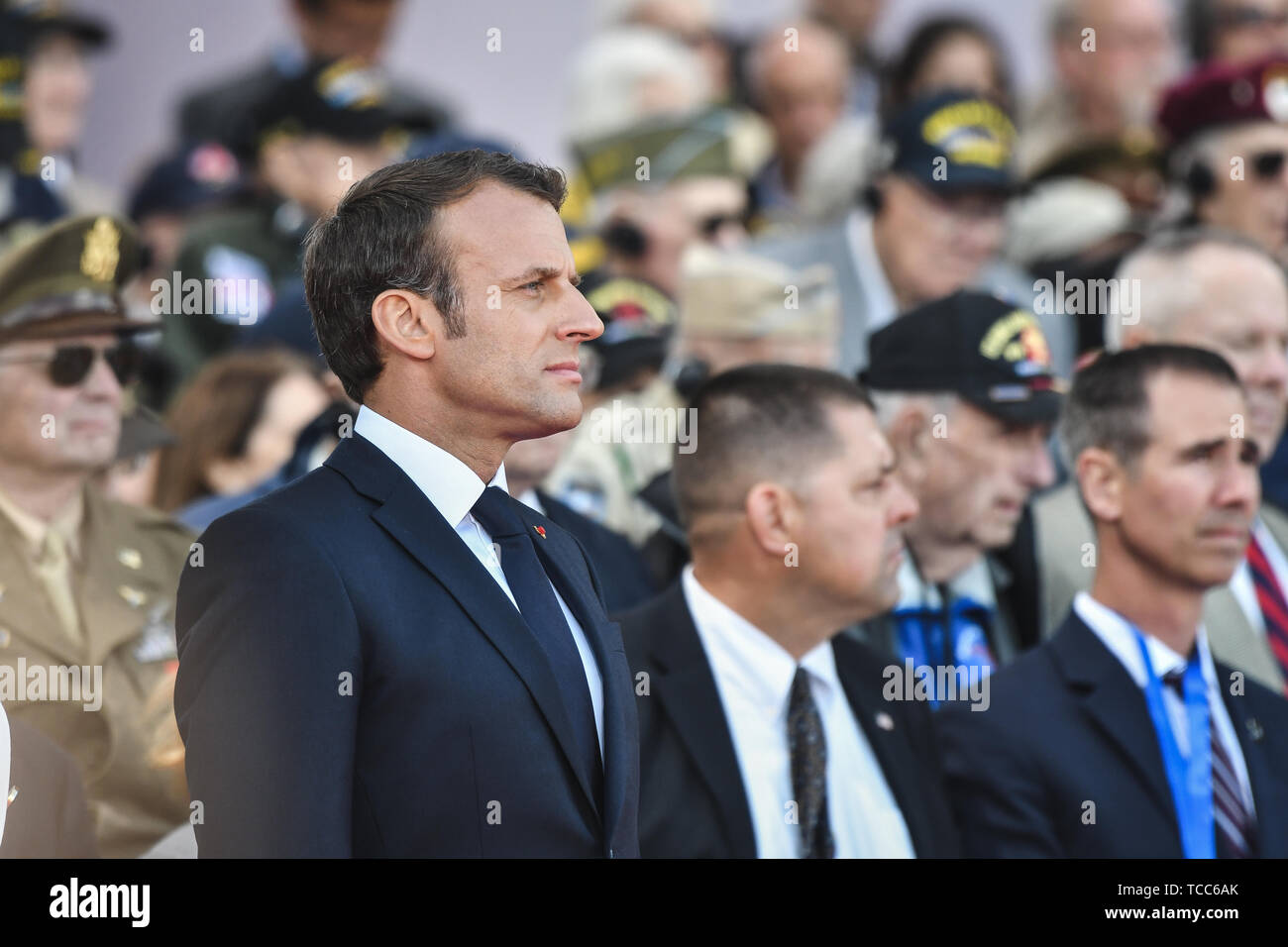 Colleville Sur Mer, France. 06th June, 2019. French President Emmanuel Macron during a commemoration ceremony marking the 75th D-Day Anniversary at the Normandy American Cemetery and Memorial June 6, 2019 in Colleville-sur-Mer, France. Thousands have converged on Normandy to commemorate the 75th anniversary of Operation Overlord, the WWII Allied invasion commonly known as D-Day. Credit: Planetpix/Alamy Live News Stock Photo