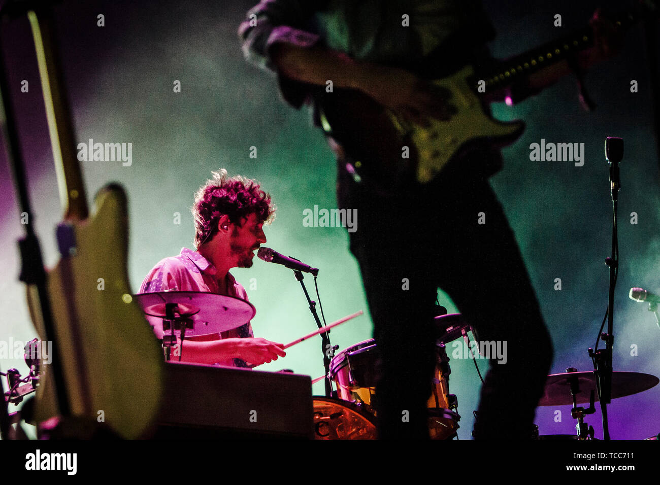 Aarhus, Denmark. 06th June, 2019. Denmark, Aarhus - June 6, 2019. The Australian musical project Tame Impala performs a live concert during the Danish music festival Northside 2019 in Aarhus. Here drummer Julien Barbagallo is seen live on stage. EXCLUDING DENMARK (Photo Credit: Gonzales Photo/Alamy Live News Stock Photo
