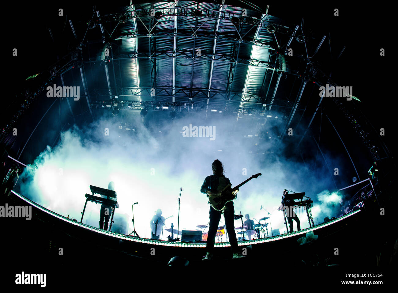 Aarhus, Denmark. 07th June, 2019. Denmark, Aarhus - June 6, 2019. The Australian musical project Tame Impala performs a live concert during the Danish music festival Northside 2019 in Aarhus. Here guitarist and musician Kevin Parker is seen live on stage with the rest of the band. EXCLUDING DENMARK (Photo Credit: Gonzales Photo/Alamy Live News Stock Photo