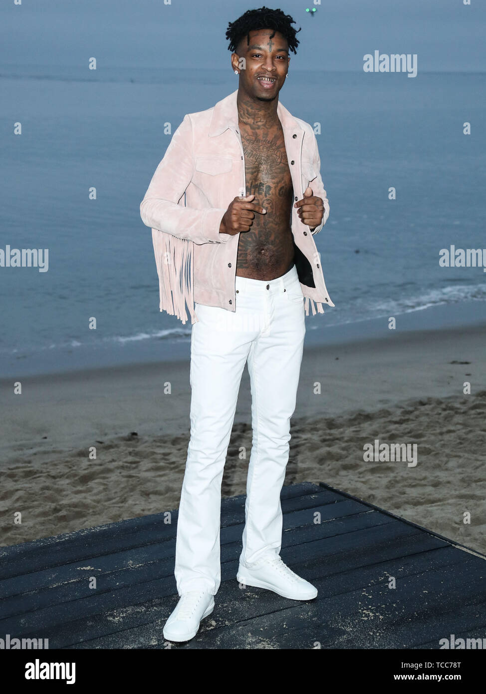 Malibu, United States. 06th June, 2019. MALIBU, LOS ANGELES, CALIFORNIA,  USA - JUNE 06: Rapper 21 Savage arrives at the Saint Laurent Mens Spring  Summer 20 Show held at Paradise Cove Beach