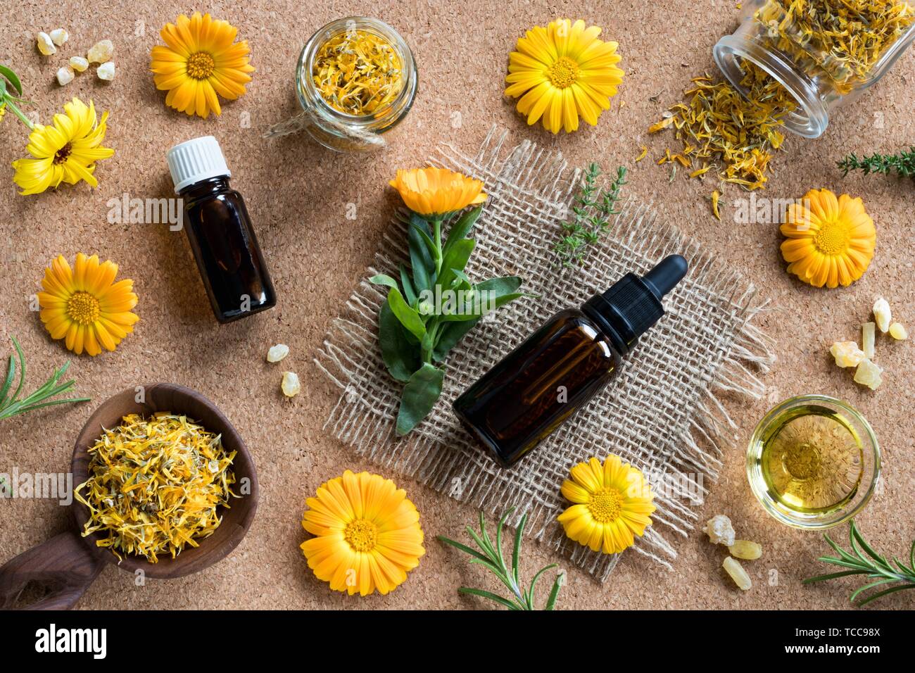 Two bottles of essential oil, calendula (marigold), thyme, rosemary and frankincense on a brown background, top view. Stock Photo