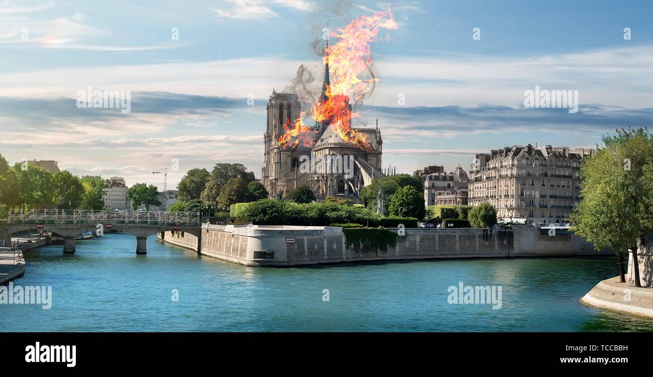 Fire at the Notre Dame Cathedral. Paris, France. Digital composite. Stock Photo