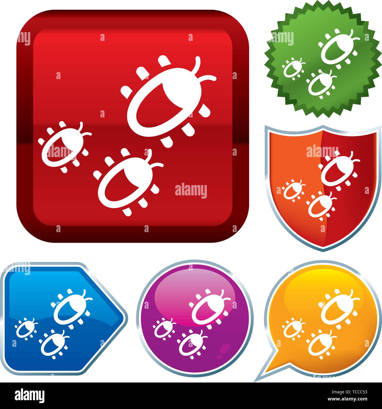 Vector illustration. Set shiny icon series on buttons. Bugs. Stock Vector