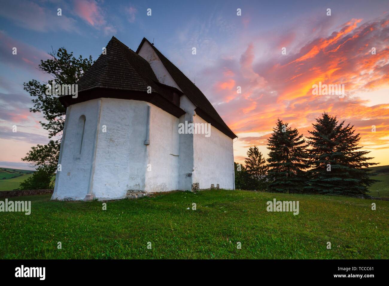 Rural Gothic church in a village of Turcianske Jaseno in Turiec region, central Slovakia.. Stock Photo