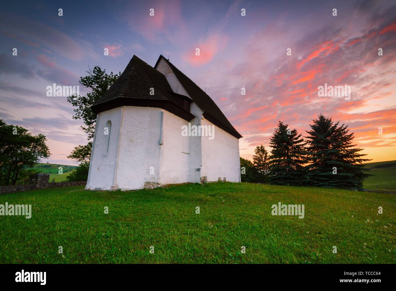 Rural Gothic church in a village of Turcianske Jaseno in Turiec region, central Slovakia.. Stock Photo