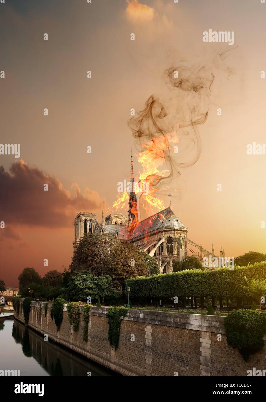 Fire in the Notre Dame Cathedral. Paris, France. Digital composite. Stock Photo