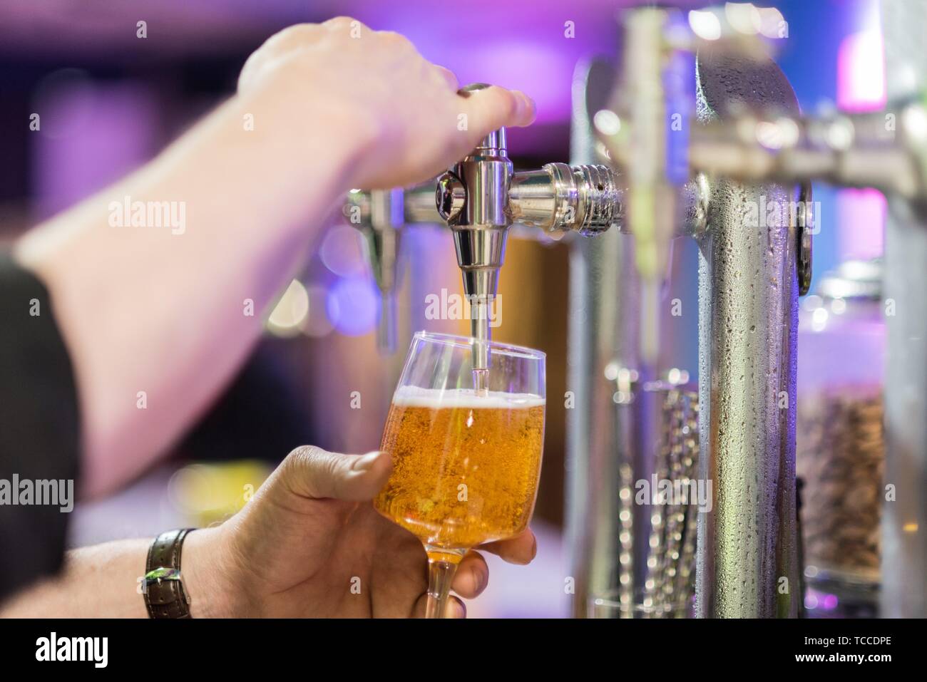 Bartender pouring lager beer in a glass. Shallow dof, selective focus. Stock Photo