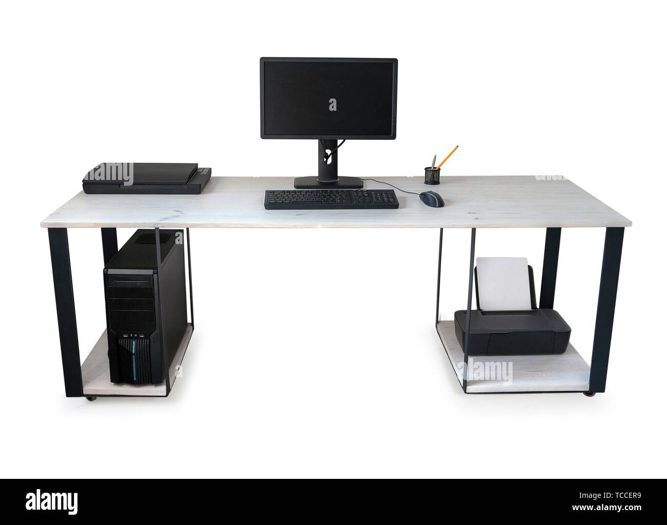 Desktop personal computer (PC) with monitor, keyboard, mouse, and printer on the wood table (desk), isolated on white Stock Photo - Alamy