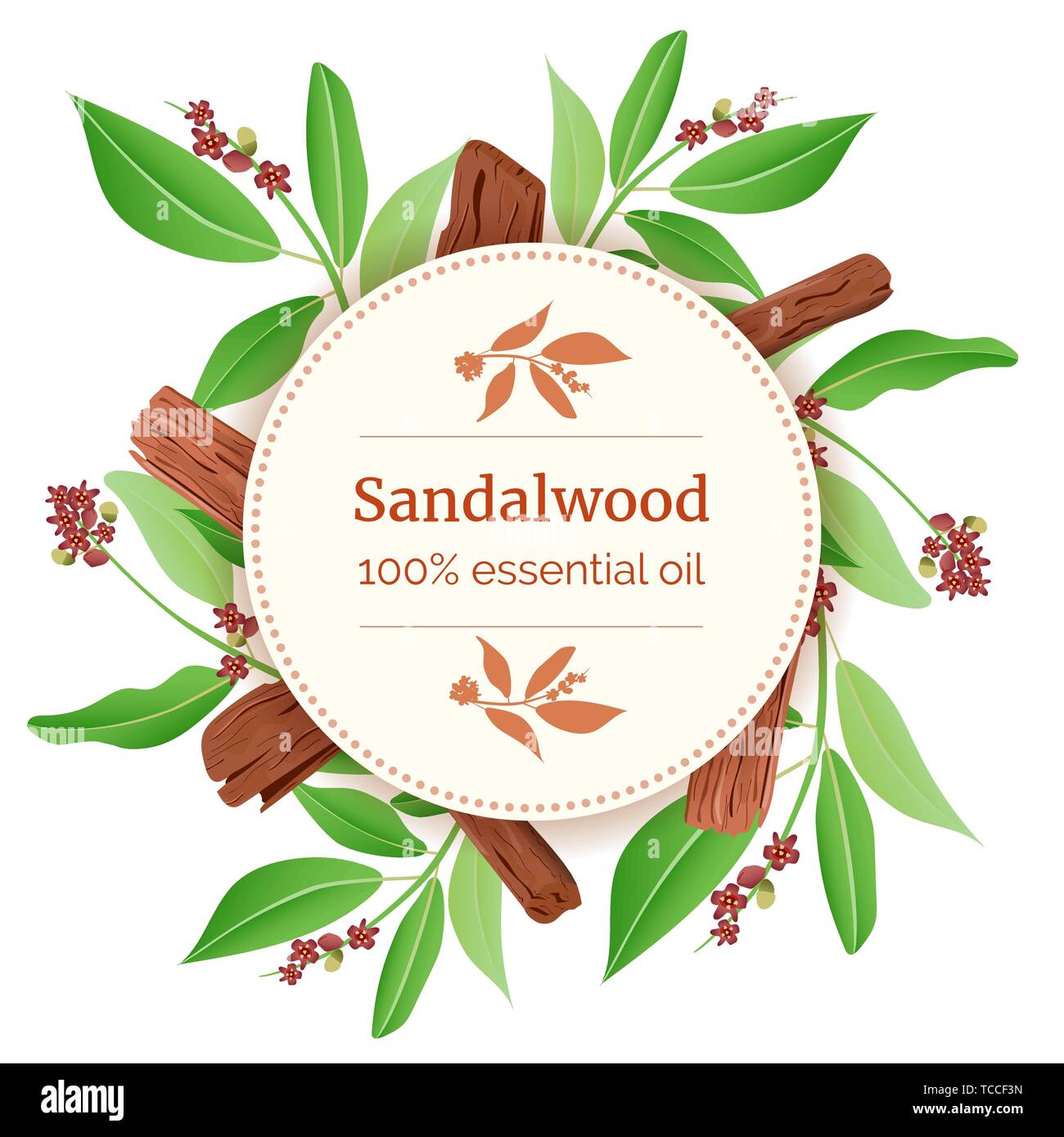 Sandalwood Round Circle badge. sticks and leaves card template with copy space. Card template. branch boxing. Vector illustration. For prints, posters Stock Vector