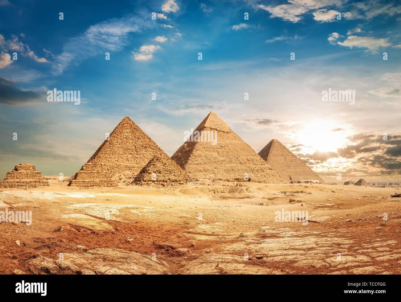 Egyptian pyramids in sand desert and clear sky. Stock Photo
