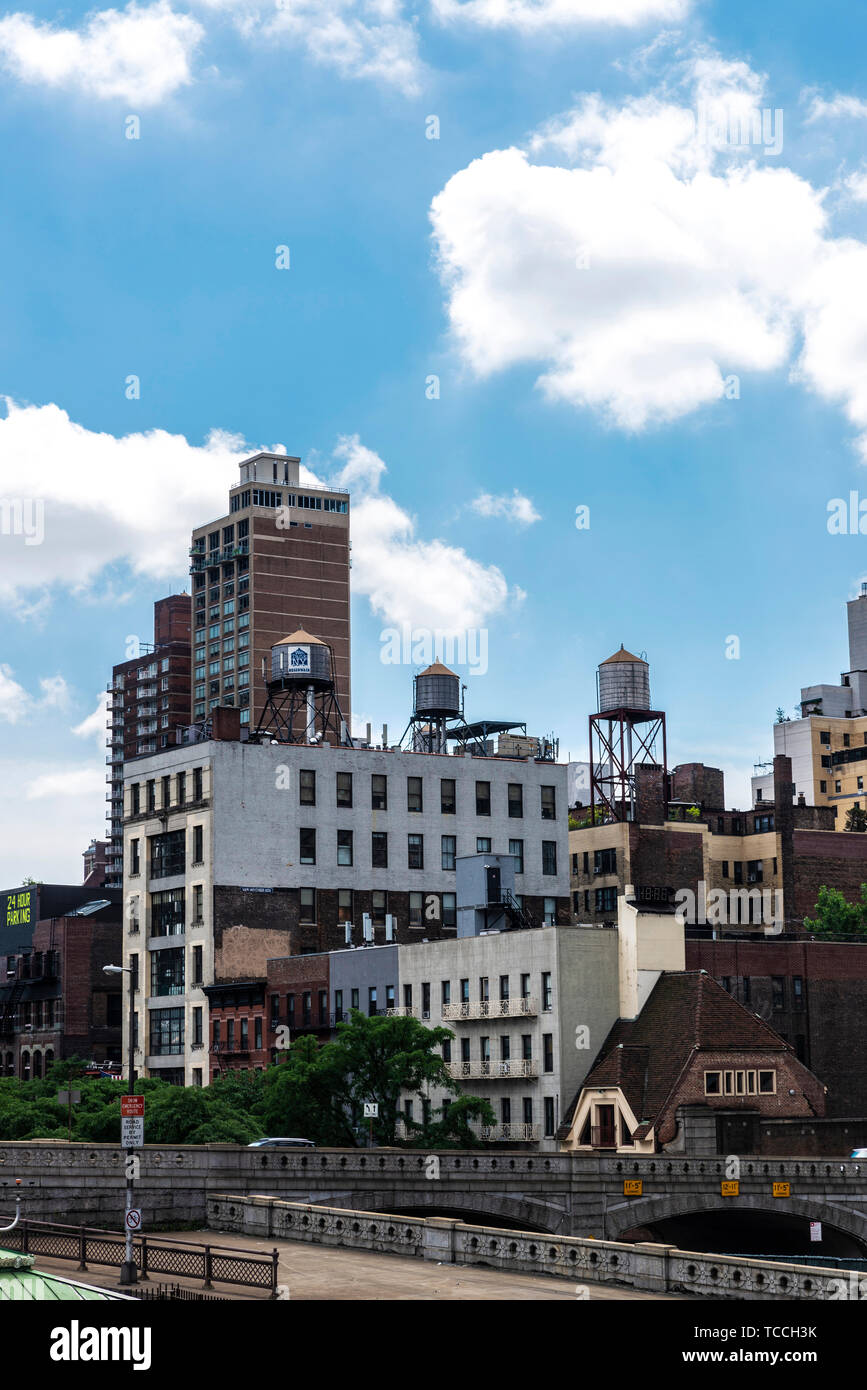 New York City, USA July 31, 2018 Old water tanks and roof top of