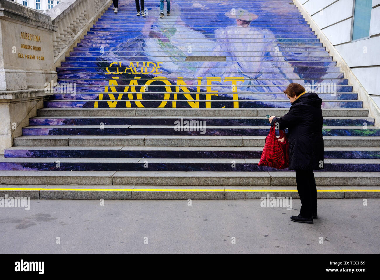 Steps up to the Albertina Museum and Art Gallery advertising an exhibition of works by Claude Monet in Vienna on 04/11/2018. Picture by Julie Edwards Stock Photo