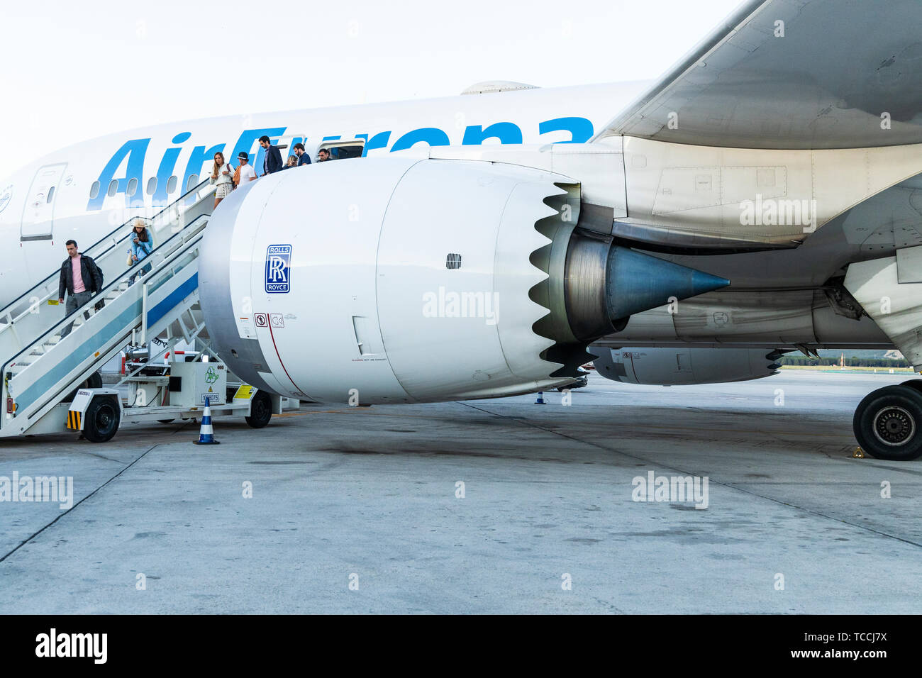 Boeing 787, Dreamliner, Rolls Royce jet engine, with Air Europa markings, at Madrid Barajas airport, Spain Stock Photo
