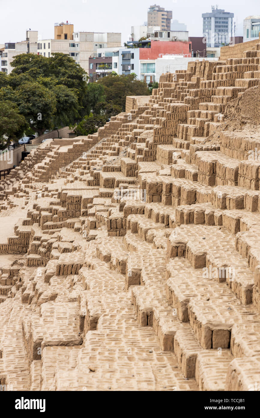 Huaca Pucllana, pre Columbian, pre Inca, pyramid temple, tomb and administrative center, frog shaped, adobe mound, and museum. Archaeological site in  Stock Photo