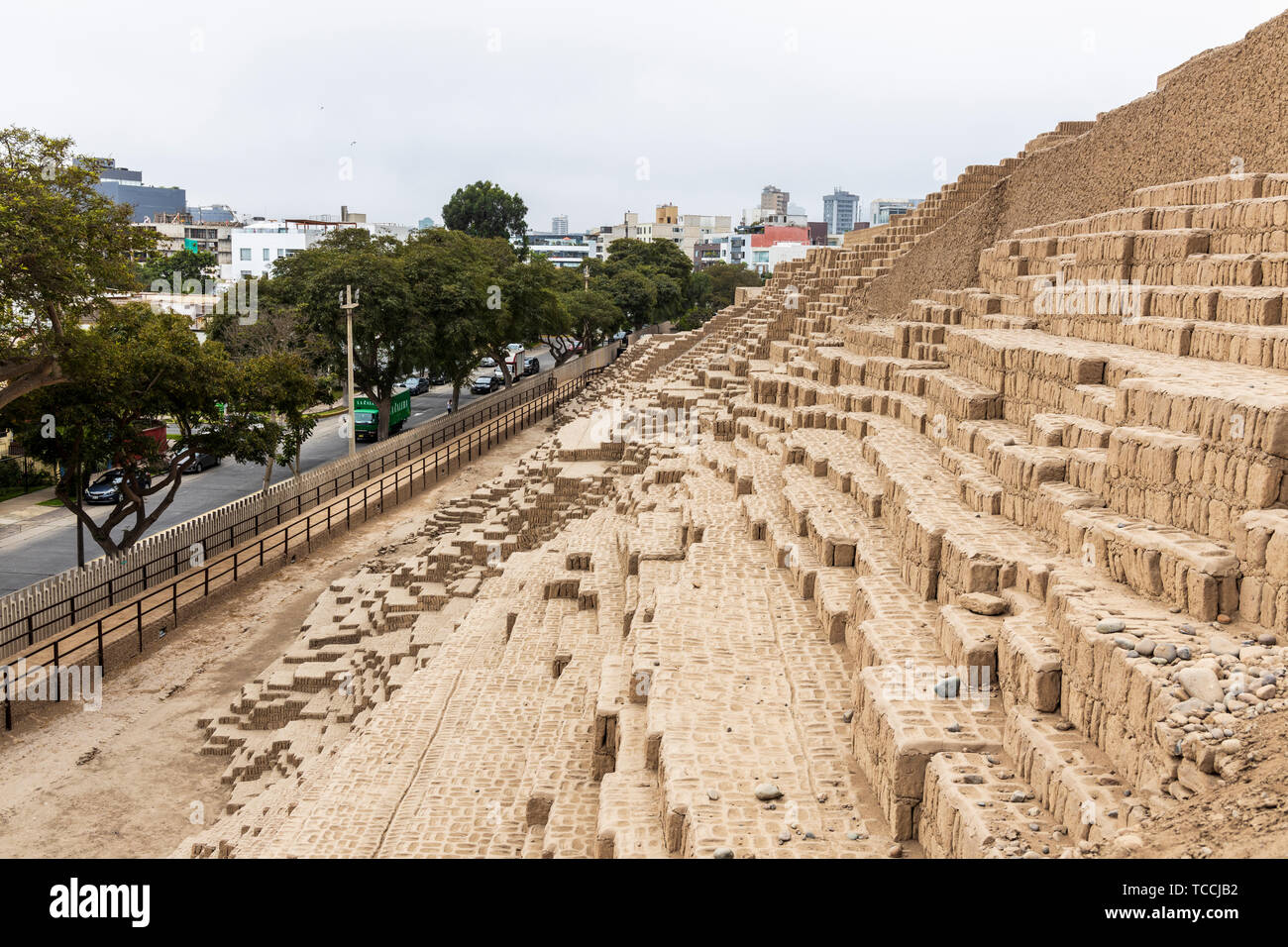 Huaca Pucllana, pre Columbian, pre Inca, pyramid temple, tomb and administrative center, frog shaped, adobe mound, and museum. Archaeological site in  Stock Photo