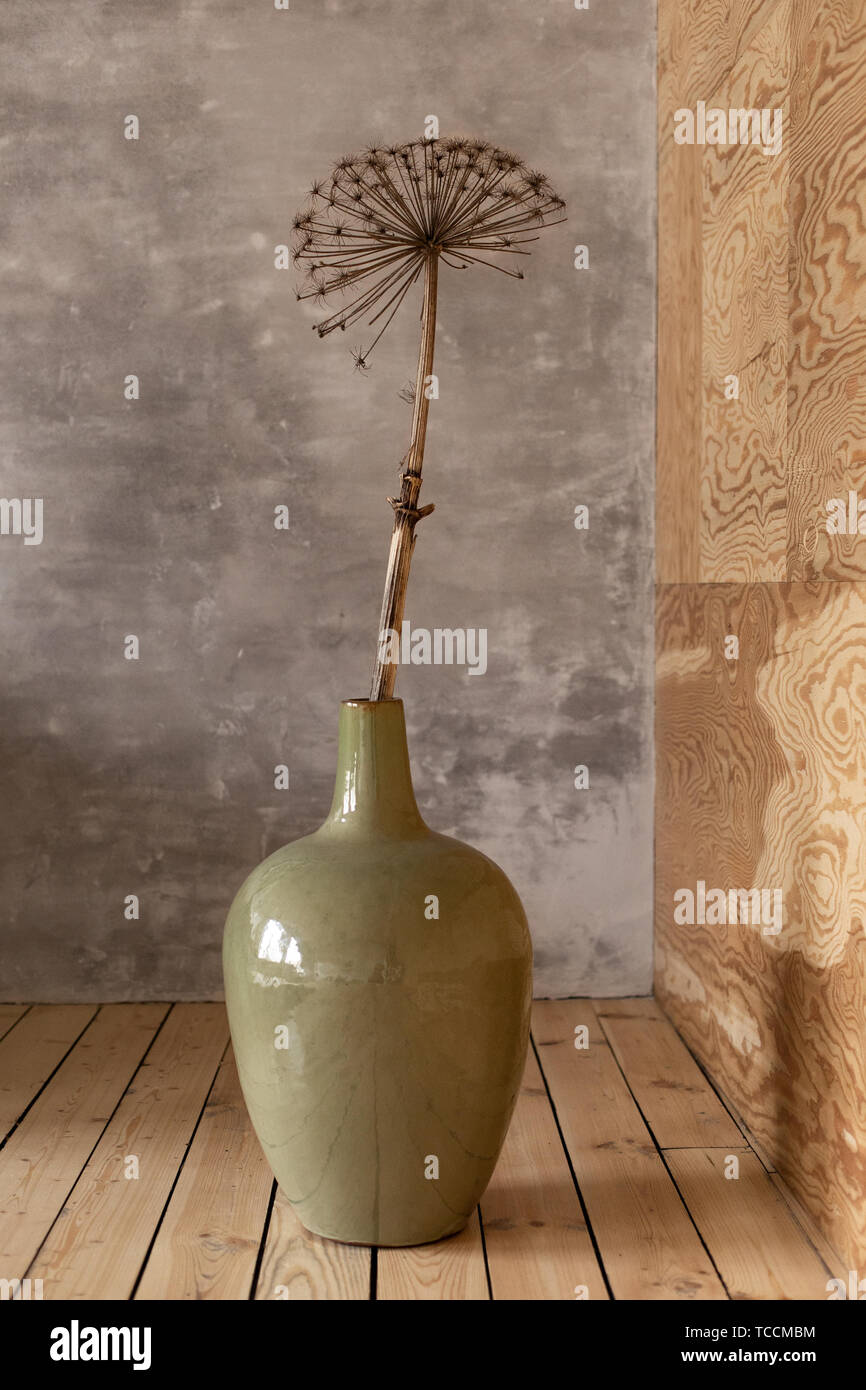 A large vase on the floor with a hogweed branch . Interior decoration in Scandinavian style. Stock Photo
