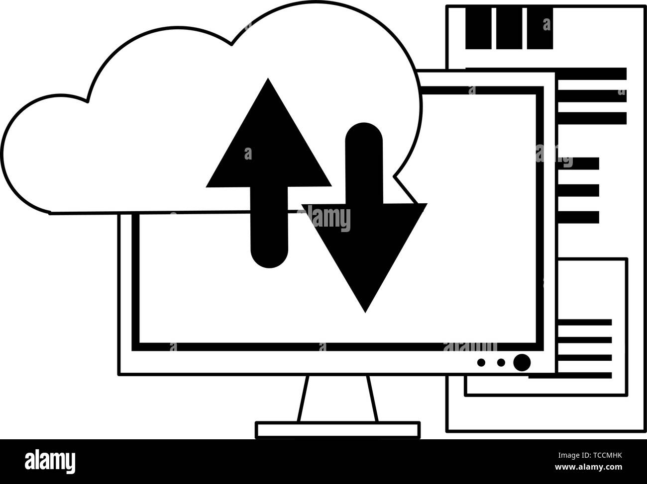 Cloud computing and technology symbols in black and white Stock Vector ...