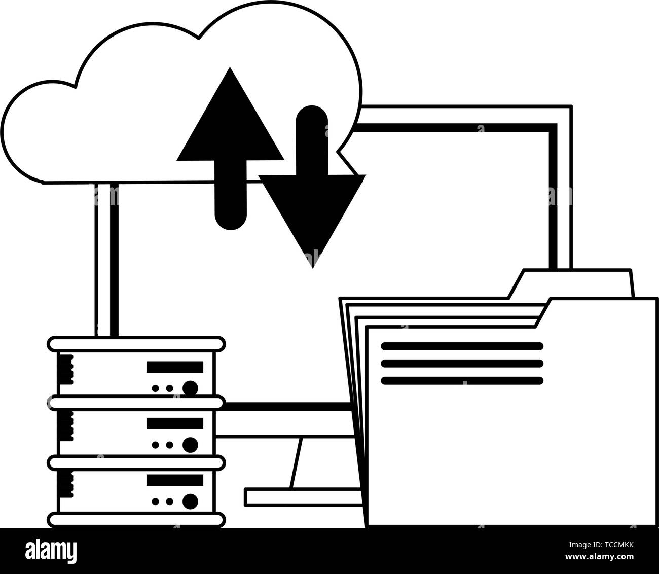 Cloud computing and technology symbols in black and white Stock Vector ...