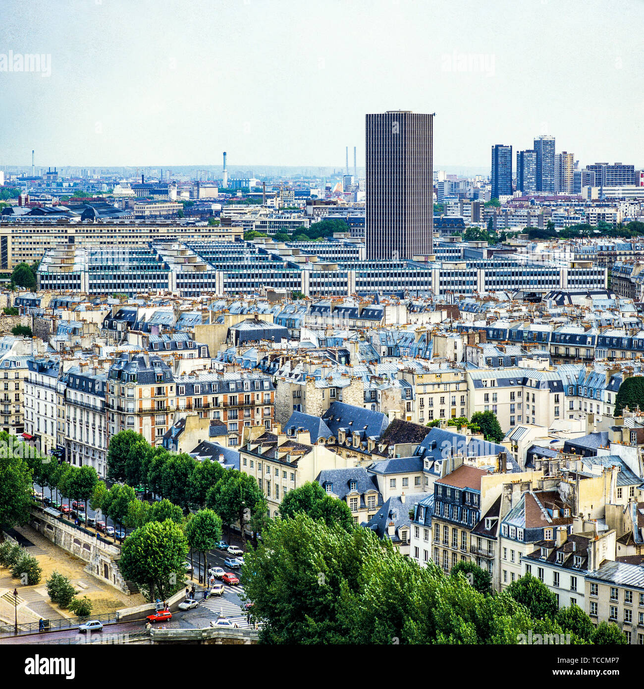 Overview of the city from Notre-Dame de Paris cathedral, Zamansky tower, aka Tour de Jussieu in the distance, left bank, Paris, France, Europe, Stock Photo
