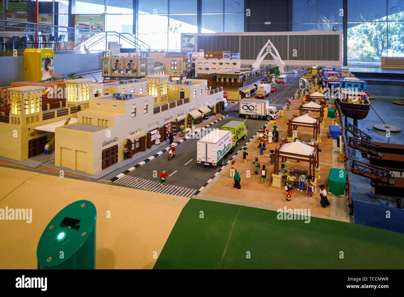 DUBAI, UAE, JANUARY 09, 2019: Lego miniature of the sea harbor with ships, moorings and all infrastructure in Miniland of Legoland Stock Photo