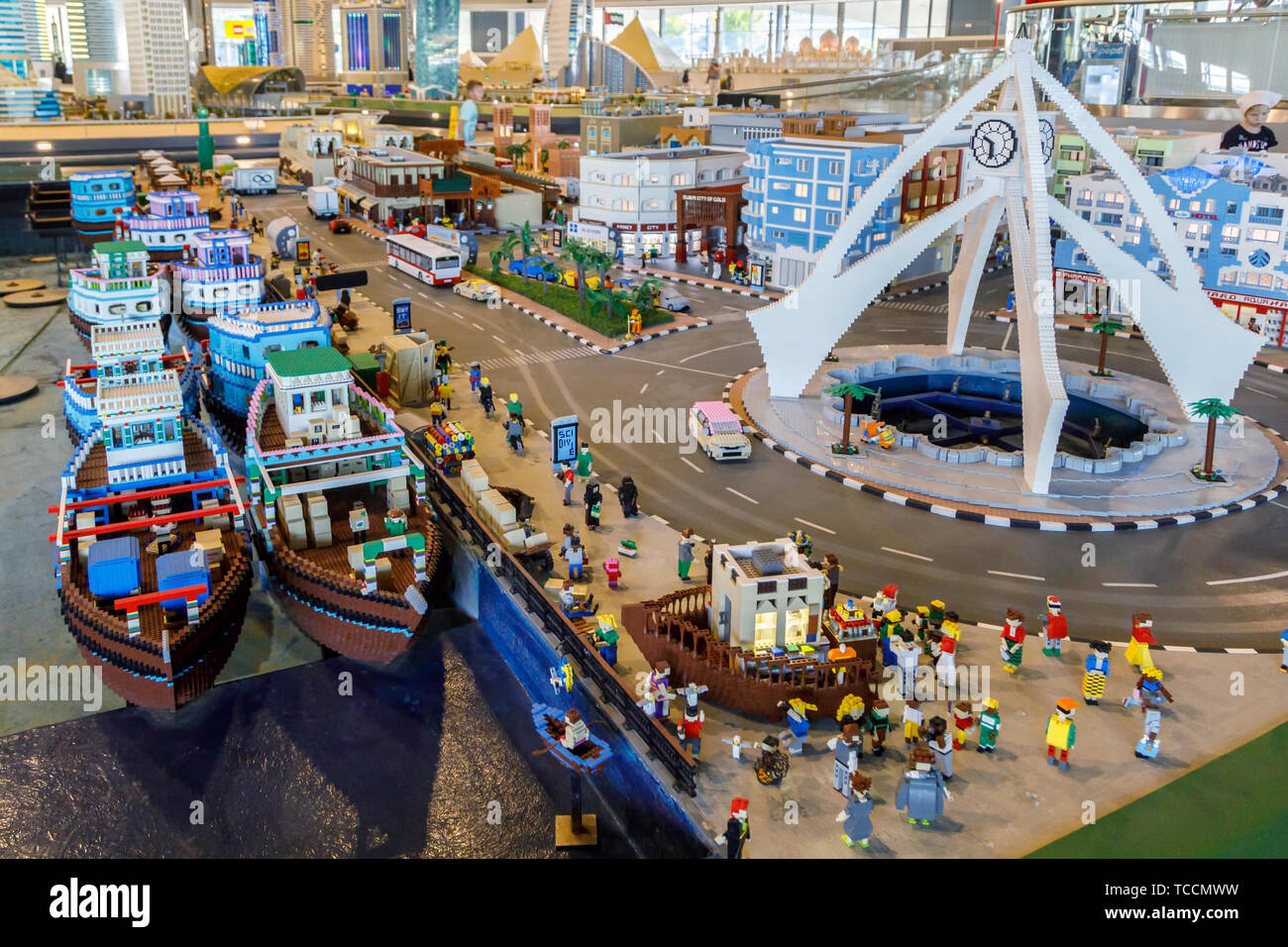 DUBAI, UAE, JANUARY 09, 2019: Lego miniature of the sea harbor with ships, moorings and all infrastructure in Miniland of Legoland Stock Photo