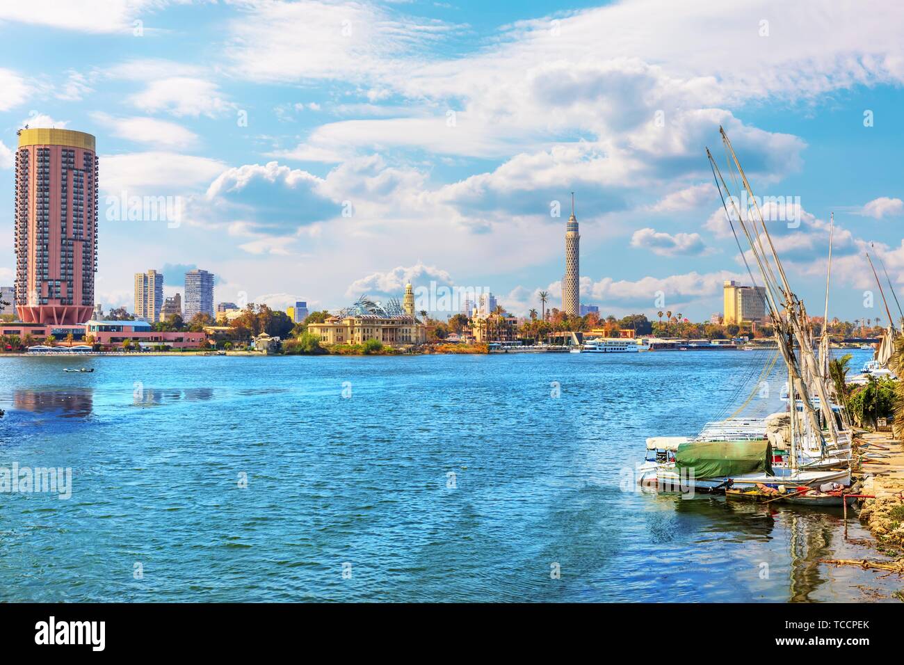 Cairo view, the Tower and hotels in the harbour of Nile, Egypt. Stock Photo