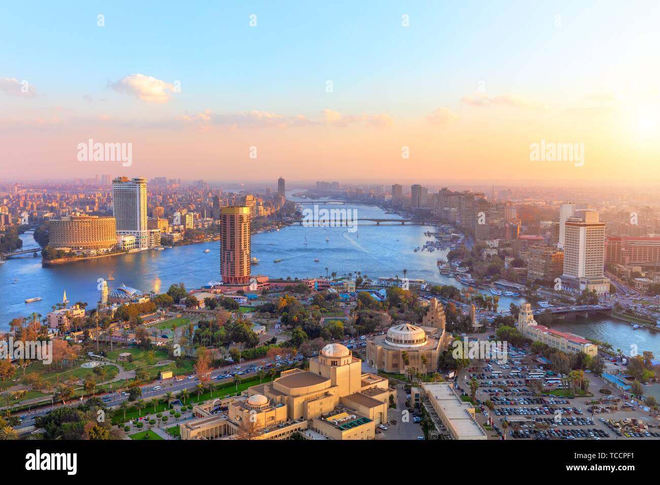 Aerial view on Cairo at sunset, panorama from the Tower. Stock Photo