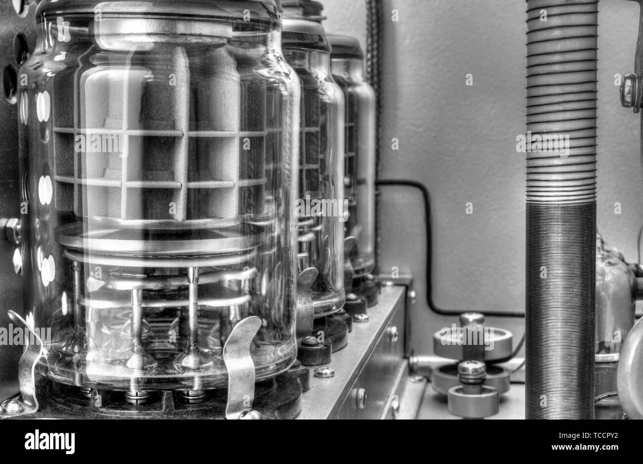 Vacuum tubes shortwave power amplifier in black and white Stock Photo