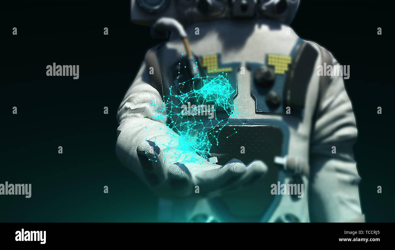 Astronaut in modern scaphandre holds connection dots, 3d rendering background, computer generated backdrop Stock Photo