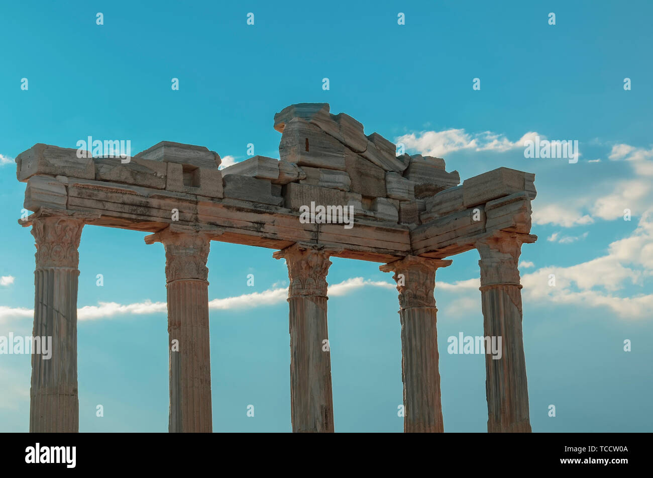 The ruins of the Temple of Apollo in ancient sity of Side in Turkey against the blue sky. Stock Photo