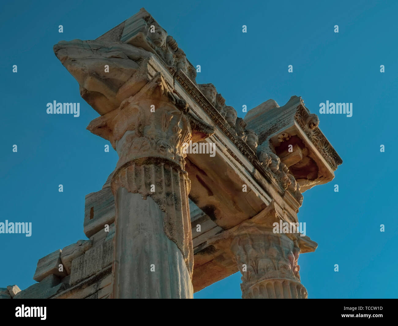 The ruins of the Temple of Apollo in ancient sity of Side in Turkey against the blue sky Stock Photo