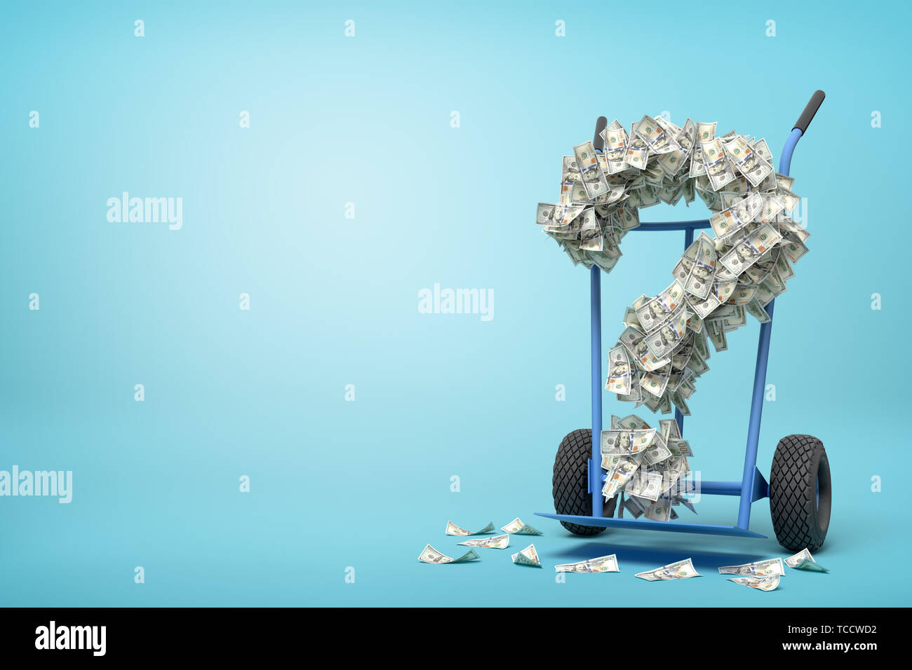 3d rendering of hand truck standing in half-turn with question mark made up of dollar banknotes on it on light-blue background with copy space. Stock Photo
