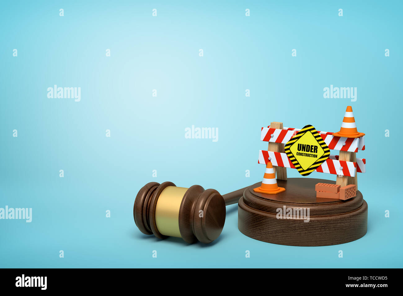 3d rendering of construction barrier on round wooden block and brown wooden gavel on blue background Stock Photo