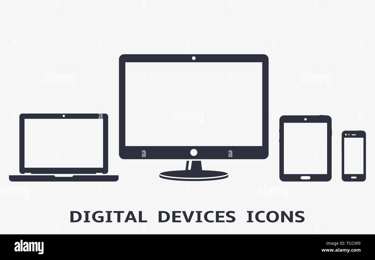 Digital device icons: smart phone, tablet, laptop and desktop computer. Vector illustration. Stock Vector