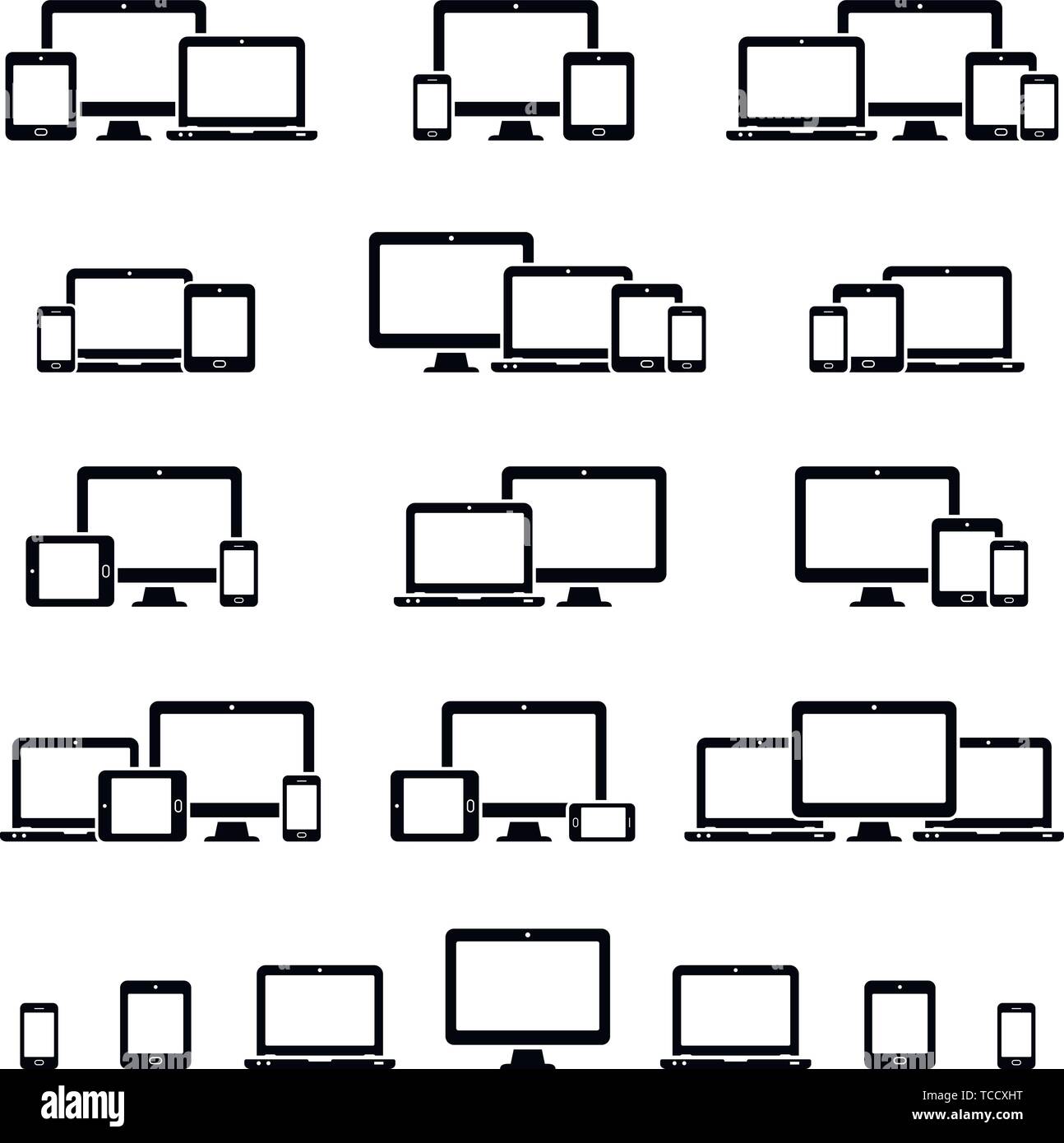 Responsive web design icons for computer monitor, smartphone, tablet and laptop. Responsive web design icons in different positions. Stock Vector