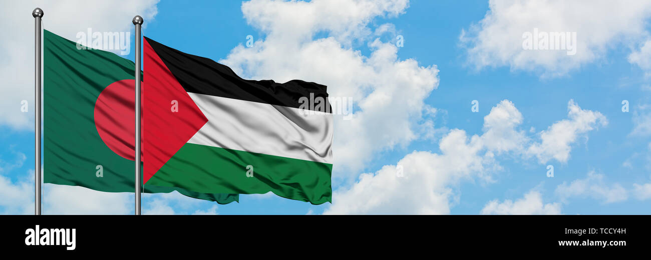 Bangladesh and Palestine flag waving in the wind against white cloudy ...