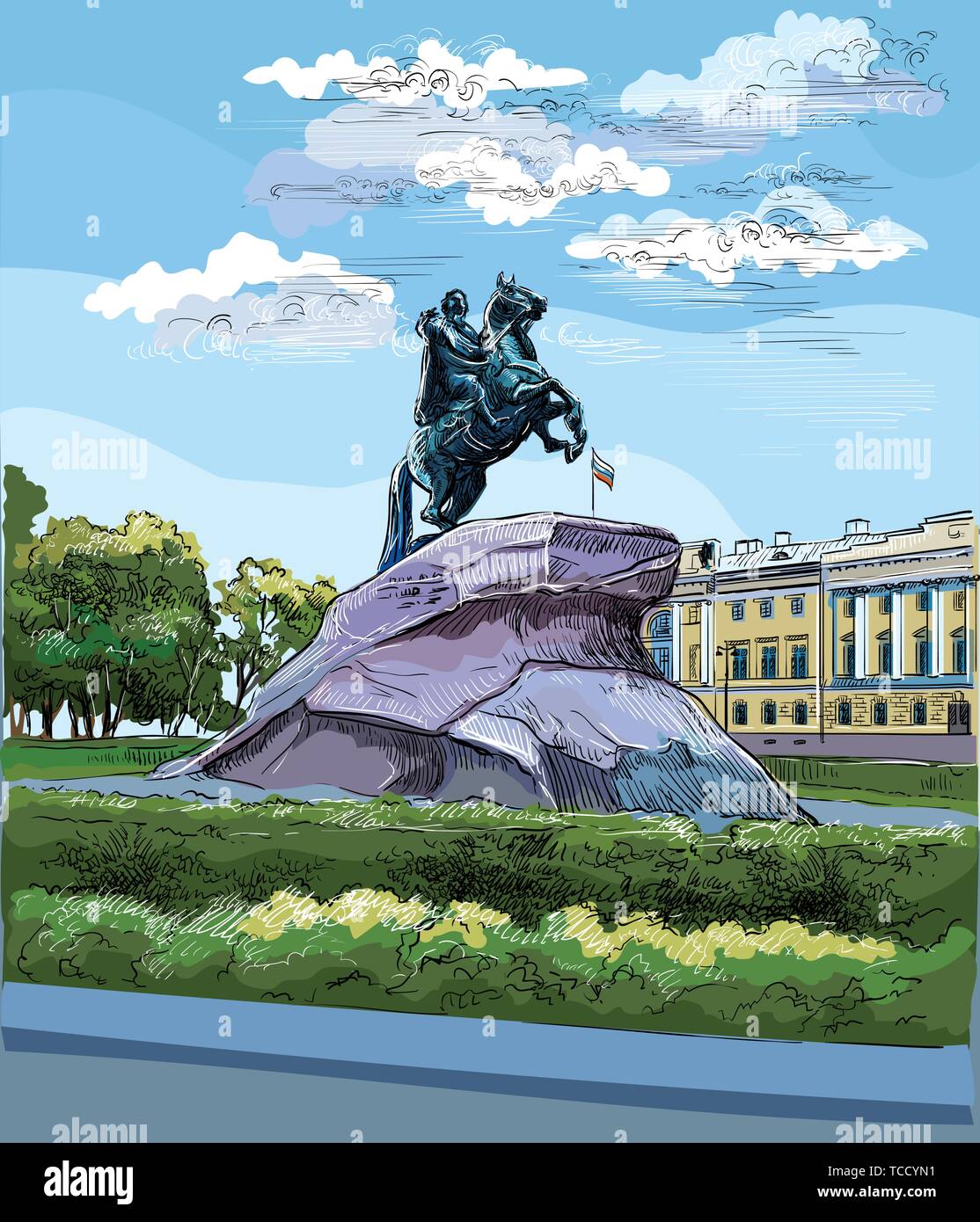 Cityscape of  Monument of Russian emperor Peter the Great on Senate square, Saint Petersburg, Russia. View on bronze horseman monument and  Senate. Co Stock Vector
