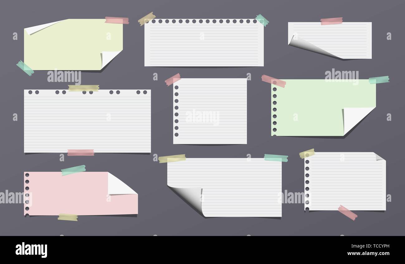 White, colorful and lined note, notebook paper stuck on dark background ...