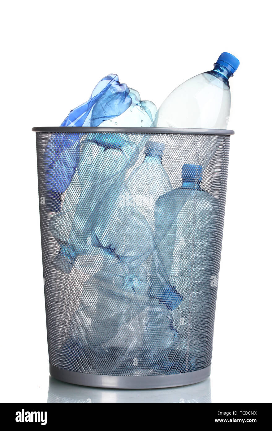 Metal trash bin from plastic bottles isolated on white Stock Photo - Alamy